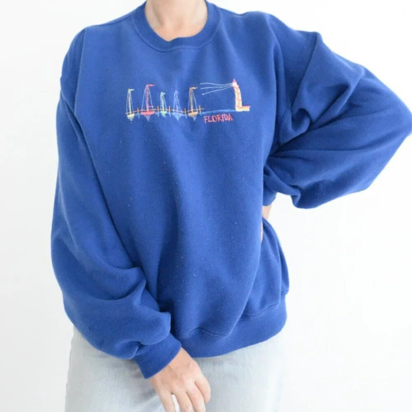 Vintage Jerzees Blue Florida Sailing  Crewneck Sweater Coastal Boating L - Picture 2 of 12